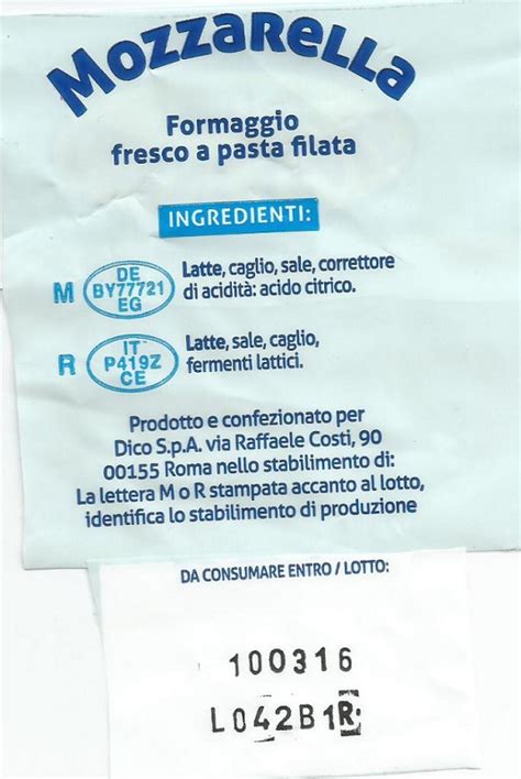 Etichetta di mozzarella con indicazioni di provenienza