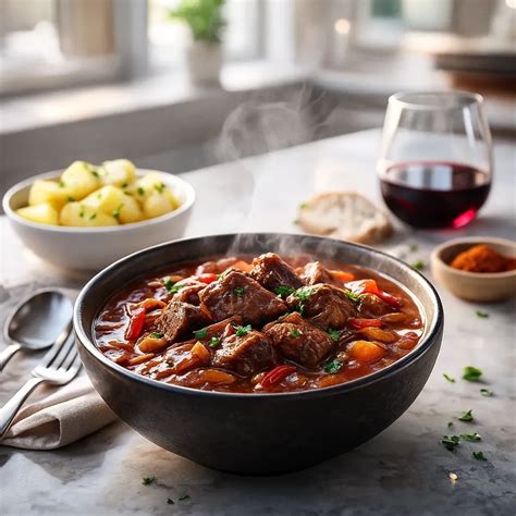 Gulasch di manzo fumante servito in un piatto tradizionale ceco