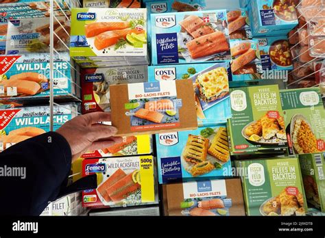Supermercato di alimenti surgelati con esposizione di prodotti