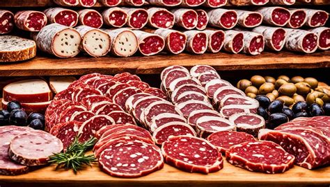 Una selezione di salumi italiani con in primo piano delle scamorzine affumicate