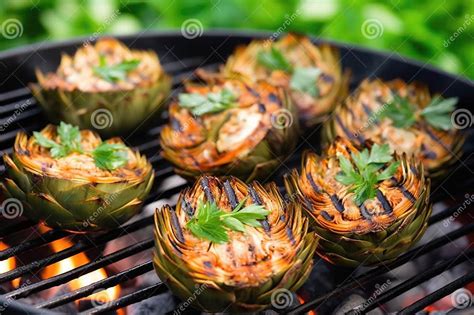 Vasetto di vetro riempito con carciofi grigliati e coperto di olio