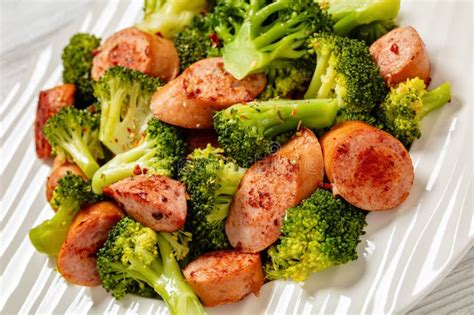 Plate of cooked broccoli and sausage