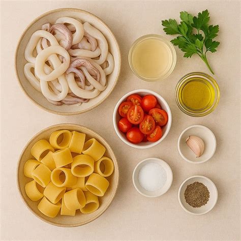 Ingredienti freschi per la ricetta: calamari, fagioli, pomodorini, aglio, prezzemolo