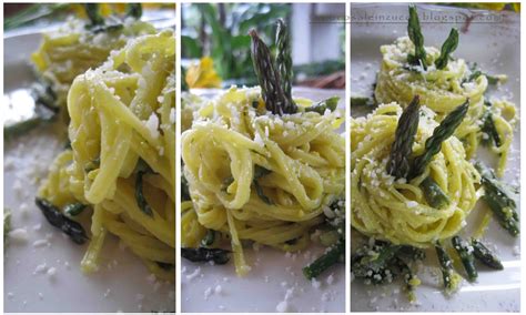 Ingredienti freschi per la carbonara con asparagi selvatici.