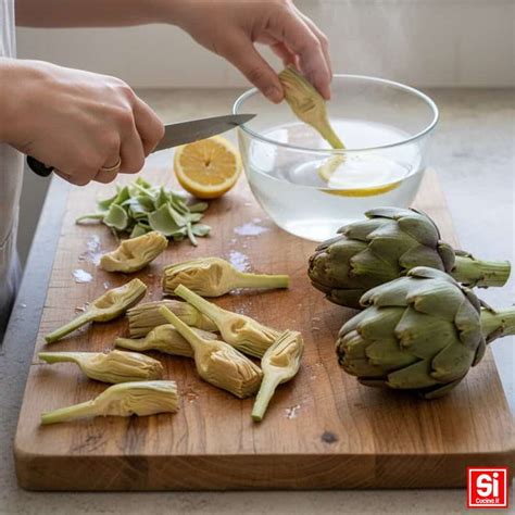 mani che puliscono i carciofi, una ciotola con acqua e limone in primo piano