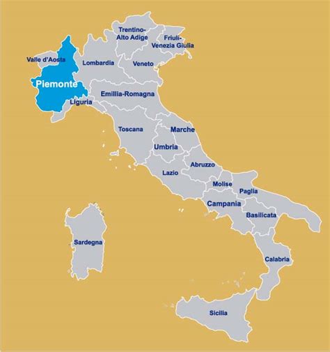 Mappa dell'Italia con evidenziata la regione del Piemonte, dove si trova Cervere