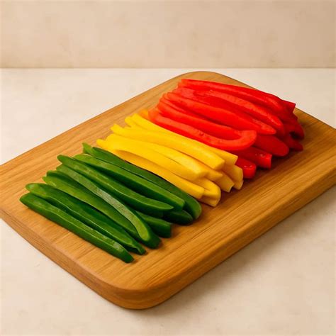 Peperoni colorati tagliati a metà sul tagliere