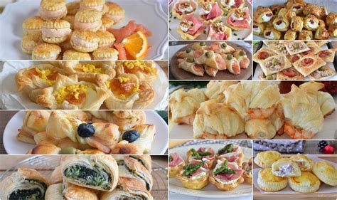 Un vassoio con diverse varietà di antipasti di pasta sfoglia, inclusi quelli con tacchino