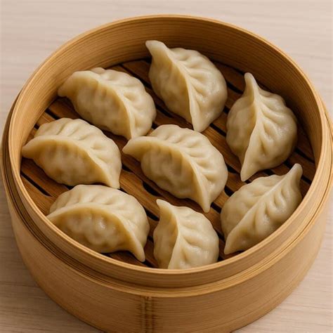 Ravioli cinesi al vapore in un cestello di bambù