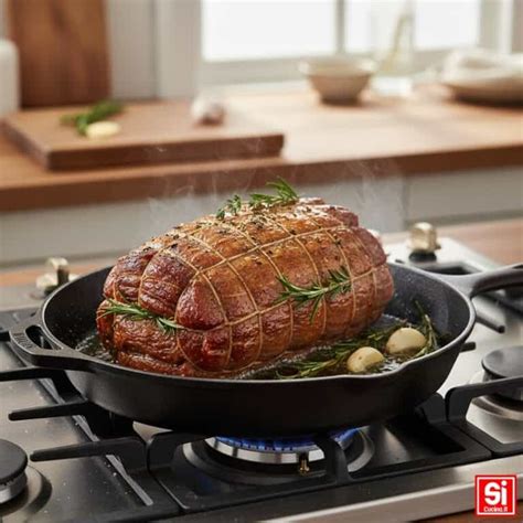 Una padella con un pezzo di roast beef che viene rosolato