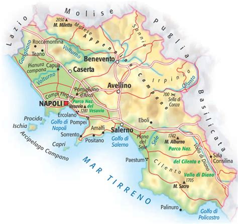 Mappa della regione Campania con evidenziati i principali centri agricoli e di distribuzione