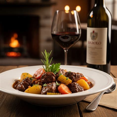 Un calice di Barolo accanto a un piatto di spezzatino