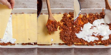 Vista dall'alto di una pirofila con strati di lasagna in fase di assemblaggio