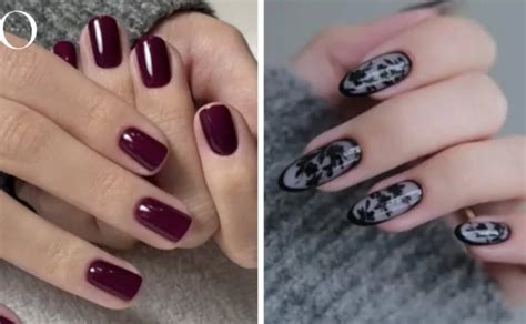 Esempi di nail art con unghie color melanzana: vetro rotto, fiori stilizzati, motivi geometrici