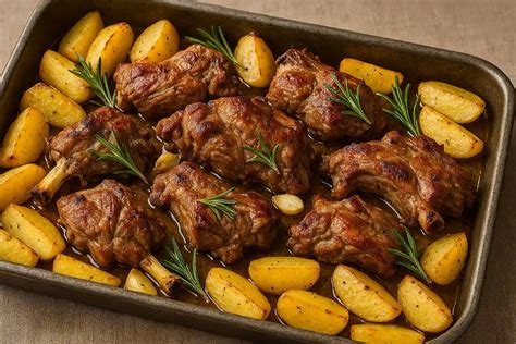 Una teglia da forno con agnello, patate e cipolle dorate