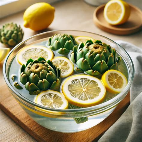 Carciofi puliti immersi in acqua con fette di limone