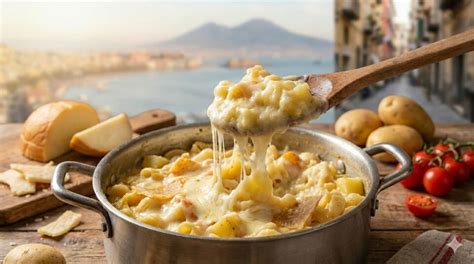 Una ciotola fumante di pasta e patate con provola filante