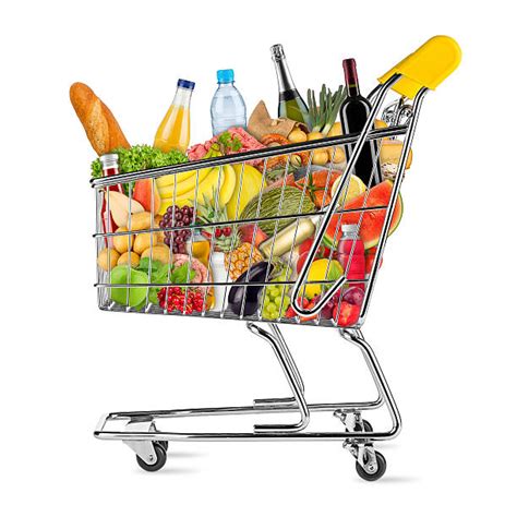 Carrello della spesa pieno di prodotti alimentari