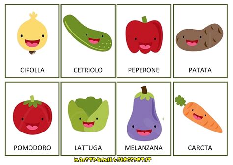 Set di flashcard con immagini di frutta e verdura e le loro etichette in inglese