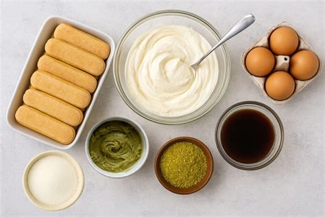Immagine che mostra gli ingredienti per il tiramisù disposti su un piano di lavoro