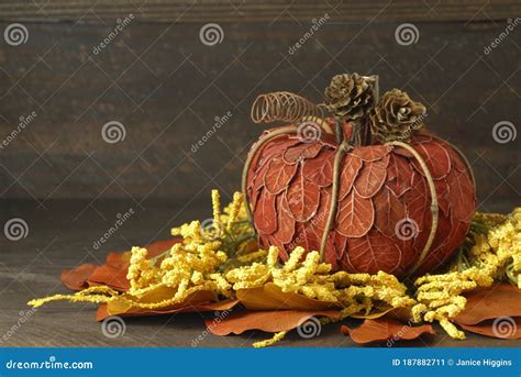 Zucca autunnale con foglie secche