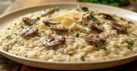 Un risotto ai funghi e taleggio mantecato, cremoso e invitante, pronto per essere servito