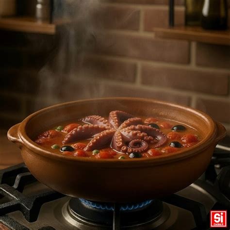 Pentola con polpo in cottura e aromi