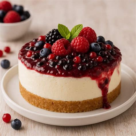Una tortiera con due strati di cheesecake: uno bianco e uno viola ai frutti di bosco