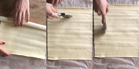 Disegno schematico di come tagliare e piegare la pasta sfoglia per creare un fagottino