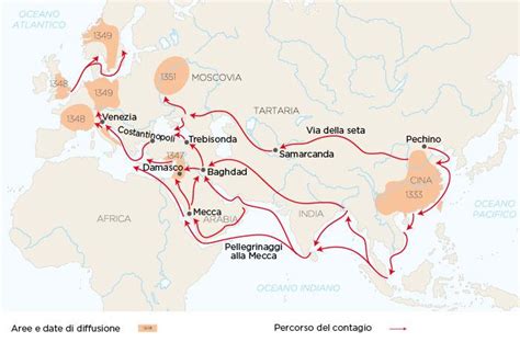 Cartina che illustra la diffusione della peste dall'Asia all'Europa