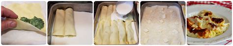 Illustrazione che mostra i passaggi chiave per preparare i cannelloni: pasta, ripieno, arrotolamento, besciamella e cottura