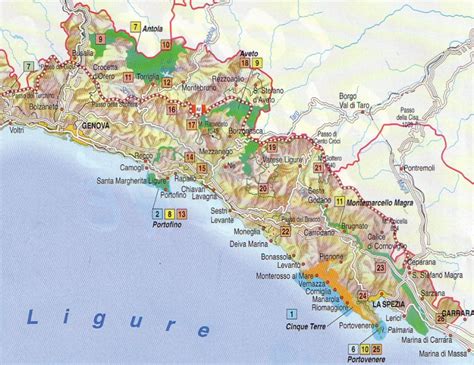 Mappa stilizzata della costa ligure con indicazione di potenziali spot per la pesca ai calamari