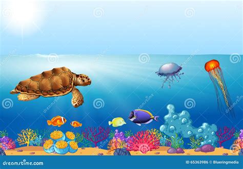 Illustrazione colorata di vari animali marini che nuotano insieme