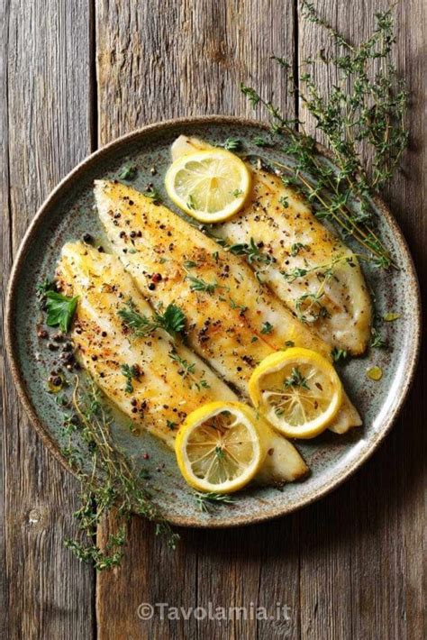 Piatto di pesce con limone e erbe aromatiche