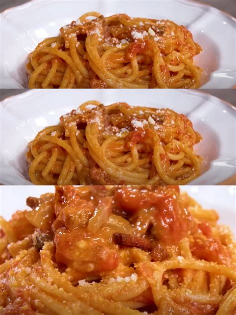 Immagine di ingredienti per l'amatriciana: guanciale, pomodoro, pecorino