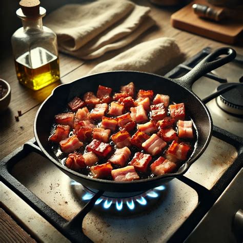 Una padella con speck che rosola, cipolla e aglio