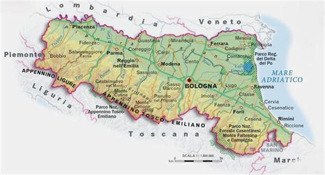 Mappa dell'Emilia-Romagna con evidenziate le province e alcune città citate nella guida Gambero Rosso