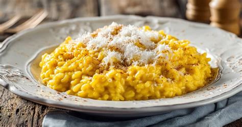 Immagine di un risotto alla milanese cremoso e giallo intenso, guarnito con pistilli di zafferano