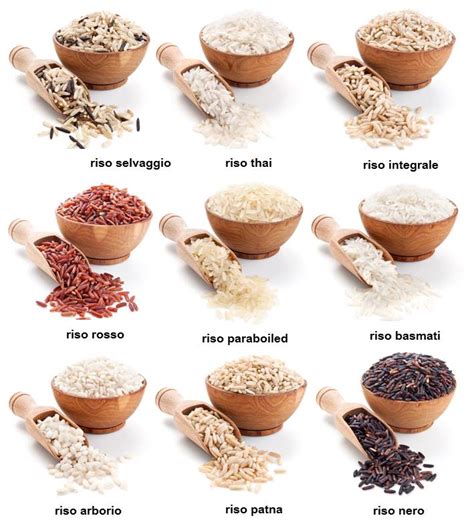 Chicchi di riso crudo di diverse varietà