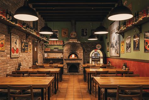 Interno di una pizzeria moderna con arredamento vintage