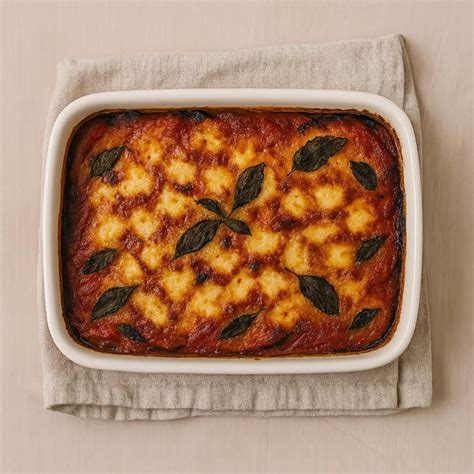Una teglia di parmigiana di melanzane appena sfornata