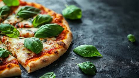 Close-up of a delicious pizza with fresh basil