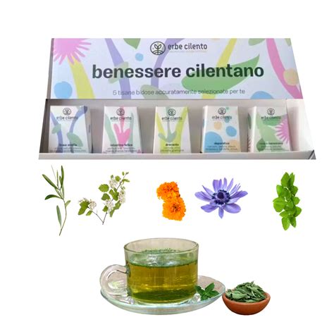 Selezione di bustine di tisane con erbe e scritte sul benessere