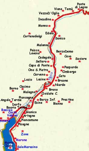 Mappa della Valle Camonica con evidenziati Breno e Bienno