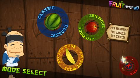 Schermata di gioco di Fruit Ninja con diverse modalità
