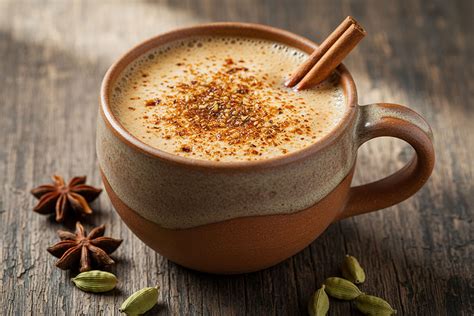 Immagine di una tazza fumante di Masala Chai con spezie sparse intorno