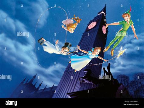 Illustrazione di Peter Pan e Wendy che volano sopra Londra