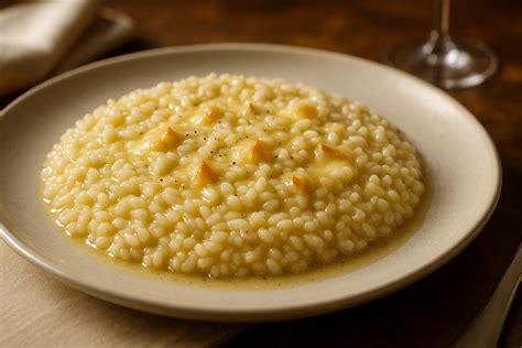 Primo piano di un risotto cremoso condito con burro