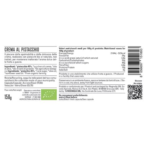 Composizione di una crema al pistacchio con etichetta
