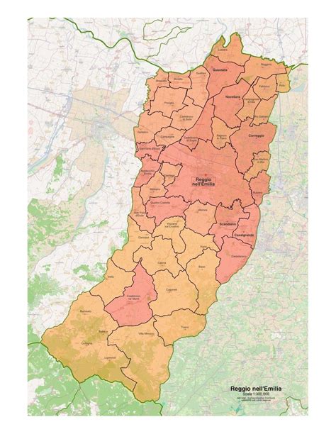Mappa della provincia di Reggio Emilia con evidenziate le zone montane, il capoluogo e la bassa reggiana